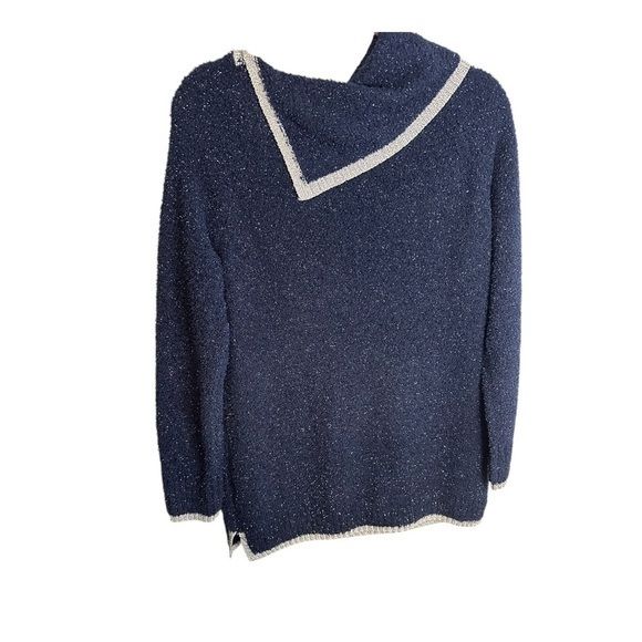 Crown & Ivy Navy Blue Bouclé Knit Sweater w/ Silver Trim – Size M - Picture 3 of 6